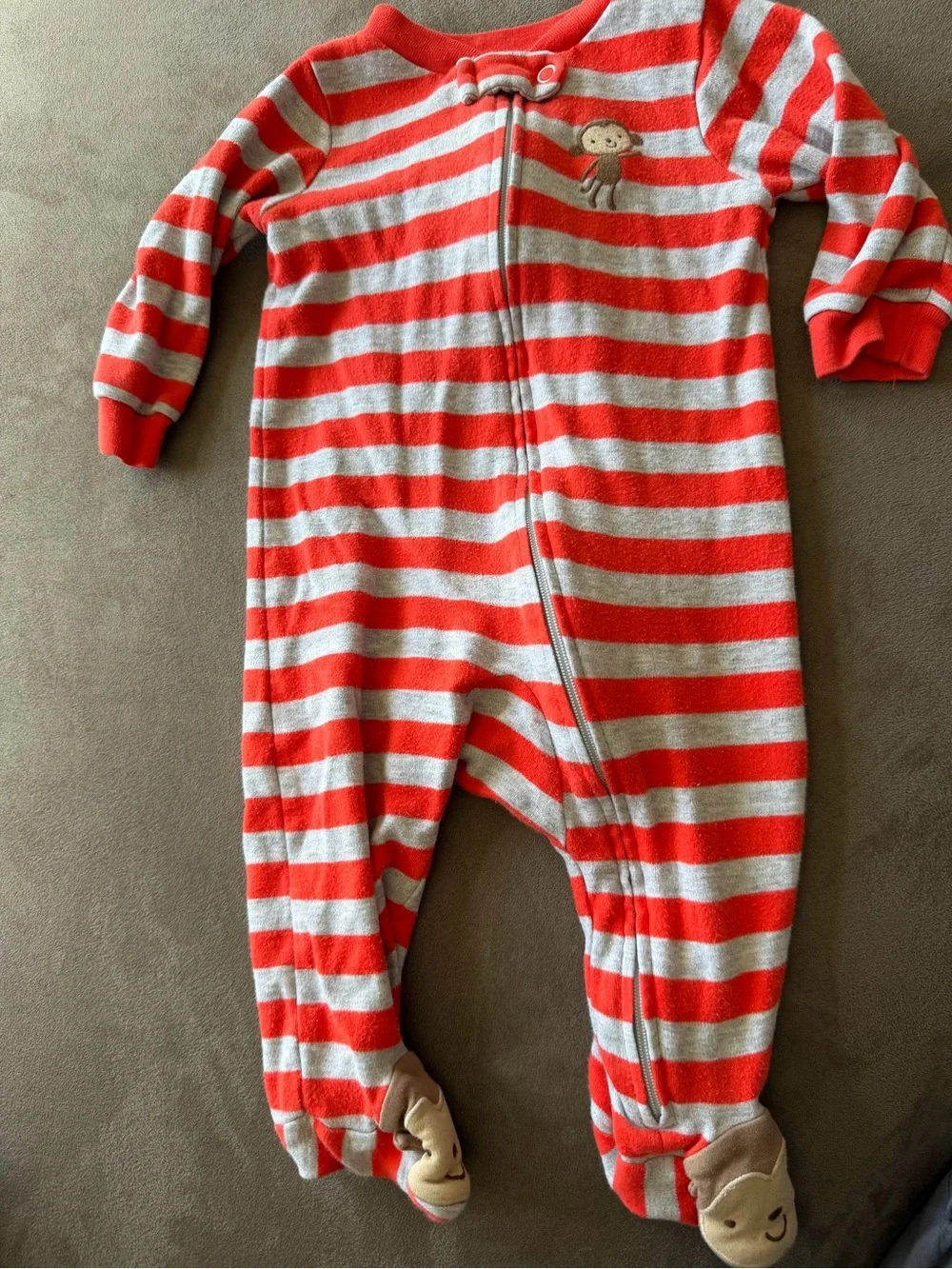 Carters Just One You Striped Red and Gray Plush Footie with Monkey Accent